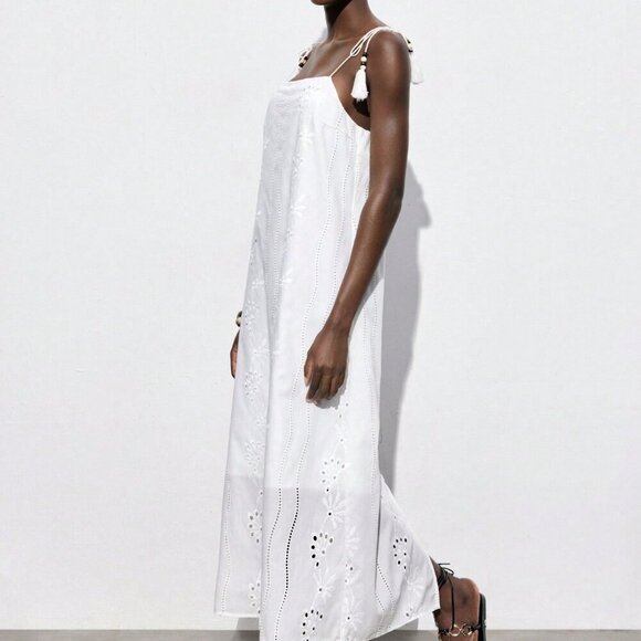 White Casual Women's Cotton Embroidered Long Spaghetti Strap Tassel Beach Dress - Picture 5 of 7